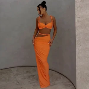 Women Fashion Sexy Solid Color Pleated Camisole Slim Fit Skirt Two-Piece Set