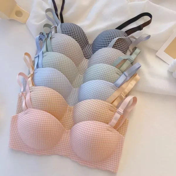 Women Fashion Plaid Thickened No-Steel Rings Breathable Bra