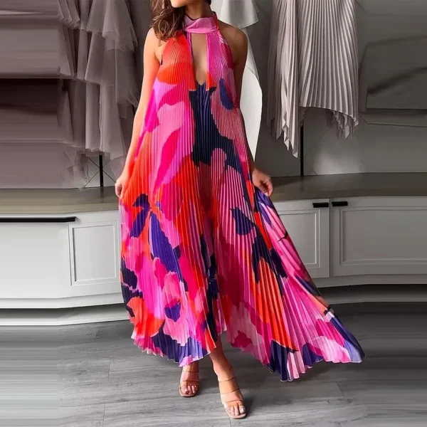 Summer Women Fashion Deep V Halter Neck Backless Print Pleated Maxi Dress