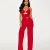 Women Fashion Sexy Elegant Solid Color Metal Buckle Hollow-Out Halter-Neck Backless Slim-Fit Jumpsuit
