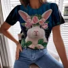 Women Casual Easter Rabbit Print Round Neck Short-Sleeve T-Shirt