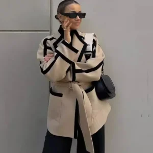 Autumn And Winter Women Casual Double-Sided Woolen Lace-Up Long-Sleeve Coat
