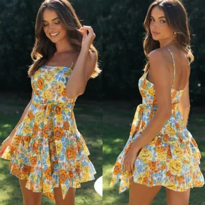 Summer Vacation Women Floral Printed Ruffled Sun Dress