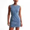 Women Casual Simple Solid Color Round Neck Sleeveless Slim Fit Denim Dress