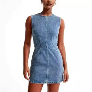 Women Casual Simple Solid Color Round Neck Sleeveless Slim Fit Denim Dress