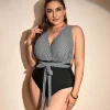 Women Fashion Sexy Plus Size Black Stripe Deep V-Strap One-Piece Swimsuit