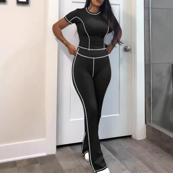Women Fashion Casual Contrast Color Short-Sleeve T-Shirt Tight Pants Two-Piece Set