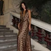 Women Fashion Sexy Deep V Halter Neck Leopard Print Backless Maxi Dress