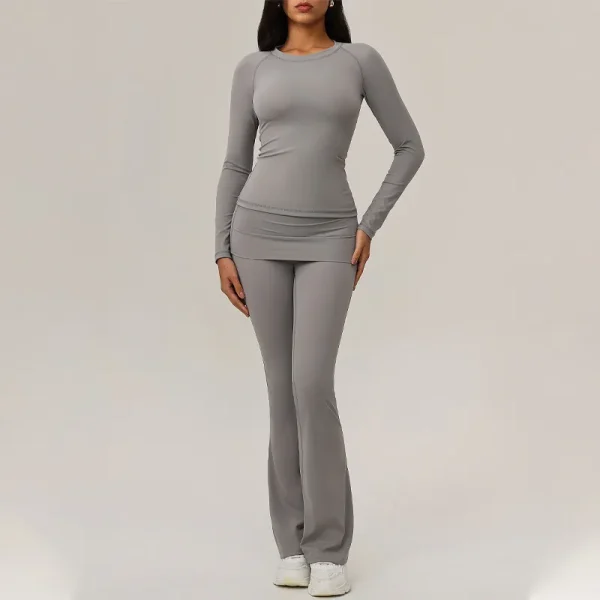 Women Yoga Solid Color Long Sleeve Trousers Sports Two-Piece Set