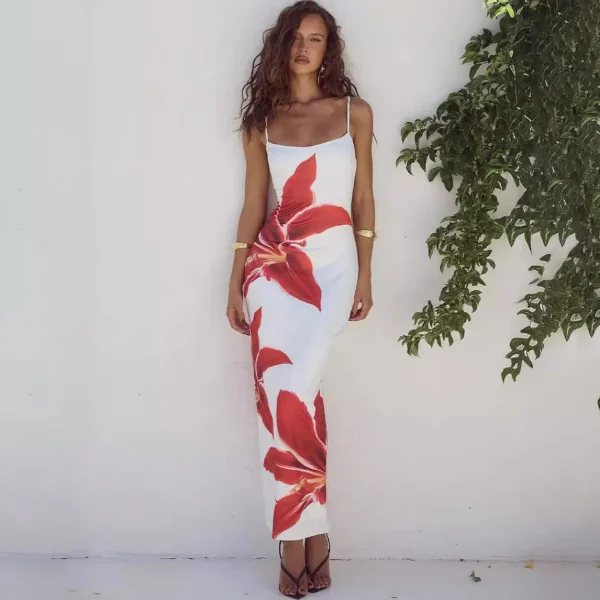 Summer Women Fashion Sexy Floral Printed Sling Split Maxi Dress