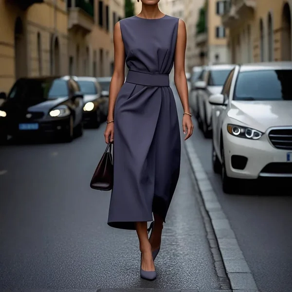Women Fashion Casual Solid Color Round Neck Sleeveless Dress