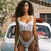 Women Fashion Solid Color Lace Stitching Lace-Up Sexy Lingerie Two-Piece Set