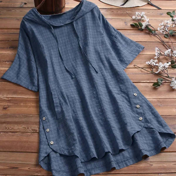 Women Casual Summer Short Sleeves Plus Size Round Neck Loose Hooded Blouse