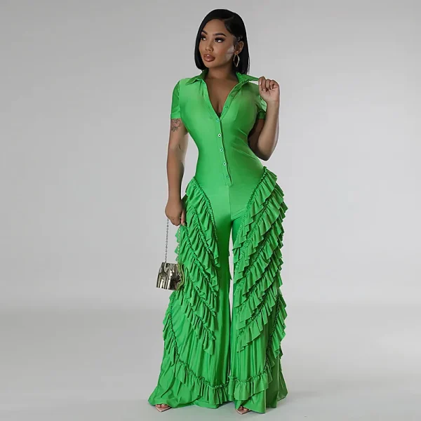 Women Fashion Solid Color Short Sleeve Ruffled Jumpsuit