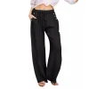 Women Casual Solid Color Cotton And Linen Button Drawstring Loose Pants