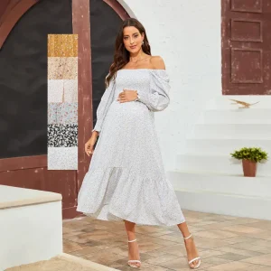 Pregnant Women Fashion Casual Chiffon Floral Printed Ruffled Long-Sleeve Dress