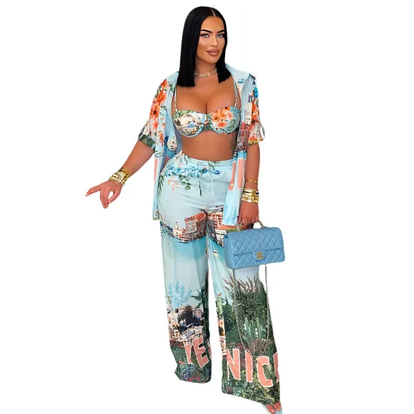 Women Fashion Sexy Vacation Printed Camisole Shorts Lapel Short-Sleeve T-Shirt Loose Pants Four-Piece Set