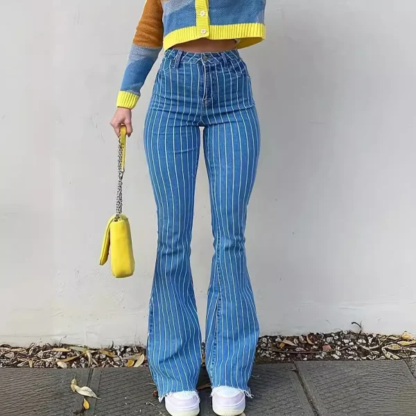 Women Fashion Simple High Waist Stripe Stretch Flared Jeans
