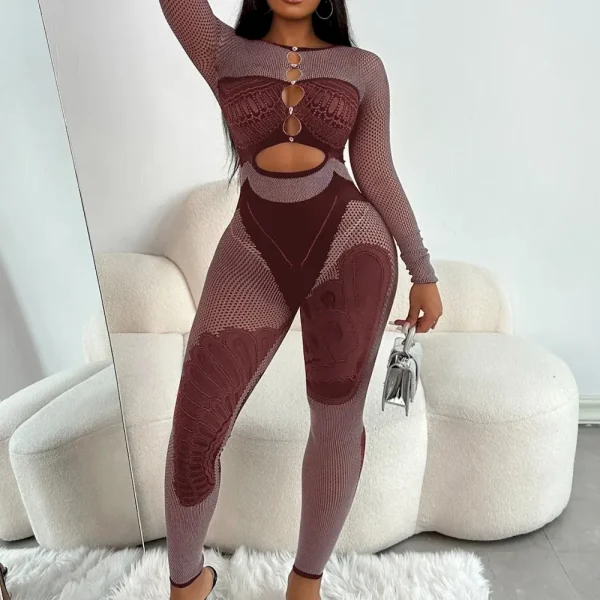 Women Sexy Jacquard Rhinestone Hollow-Out Long Sleeve Jumpsuit