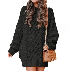 Autumn Winter Women Fashion Round Neck Long Sleeve Twist Knitted Sweater Dress