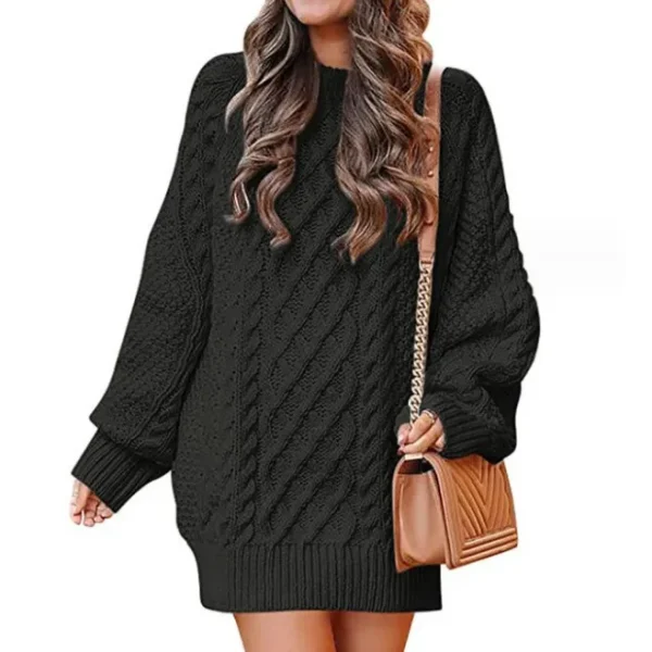 Autumn Winter Women Fashion Round Neck Long Sleeve Twist Knitted Sweater Dress