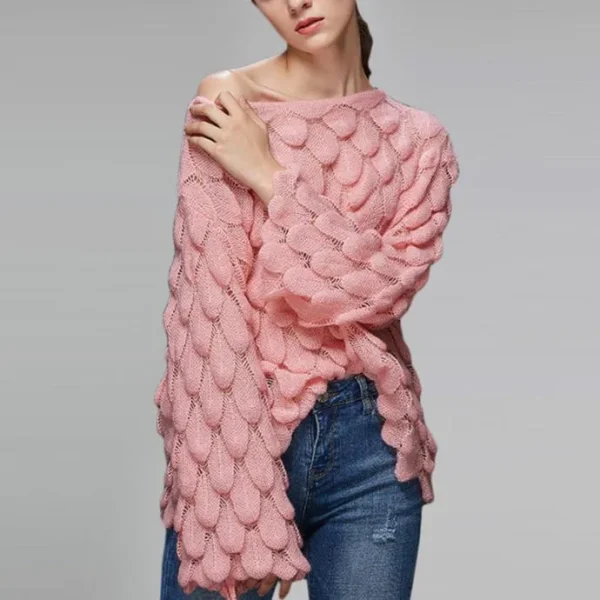 Women Fashion Loose Long-Sleeved Hollow Knitted Sweater