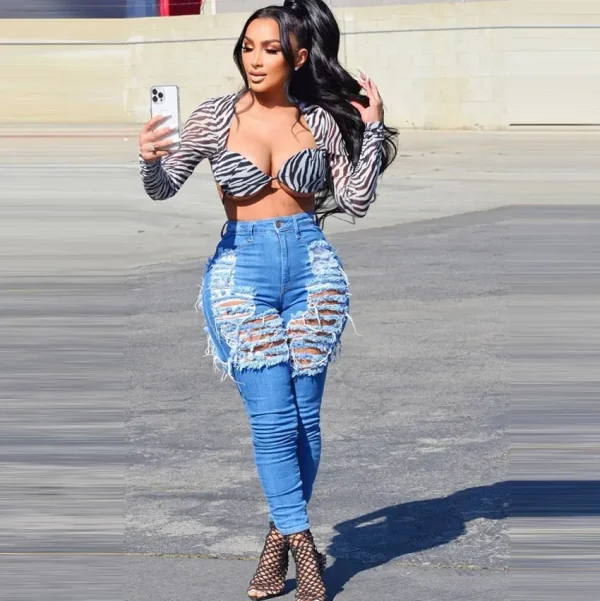 Women Fashion Simple High Waist Stretch Ripped Skinny Jeans