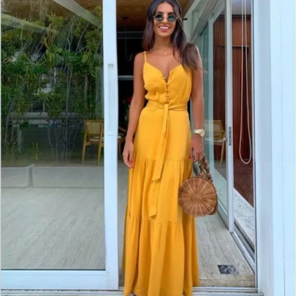 Summer Women Vacation Solid Color Sleeveless V Neck Ruffled Slip Dress