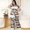 Plus Size Women Tie Dye Printed Short Sleeve Top Pocket Comfortable Wide-Leg Pants Two-Piece Set