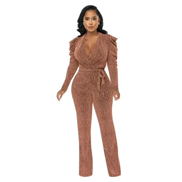 Women Fashion Sexy Tight Waist V-Neck Bubble Sleeve Knitted Jumpsuit