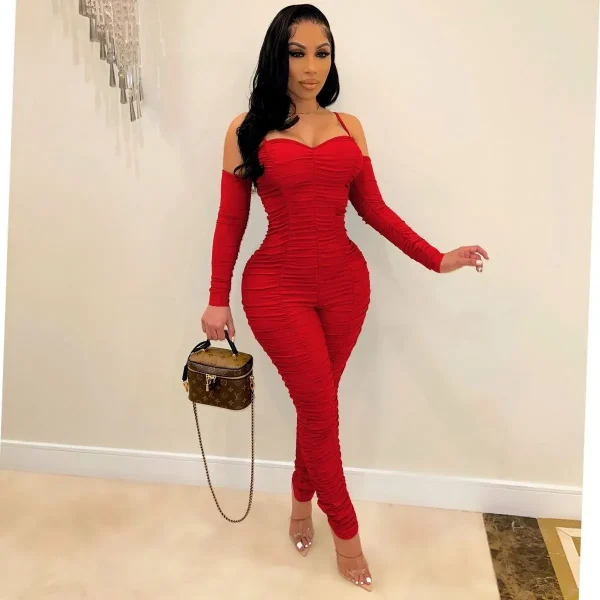 Women Fashion Sexy Solid Color Pleat Camisole Long Sleeve Jumpsuit